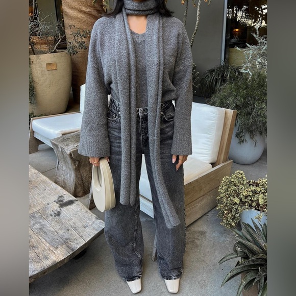 NA-KD 4 Piece - Grey Knitted V-Neck Sweater, Turtleneck Top, Scarf, & Maxi Skirt - Picture 4 of 16